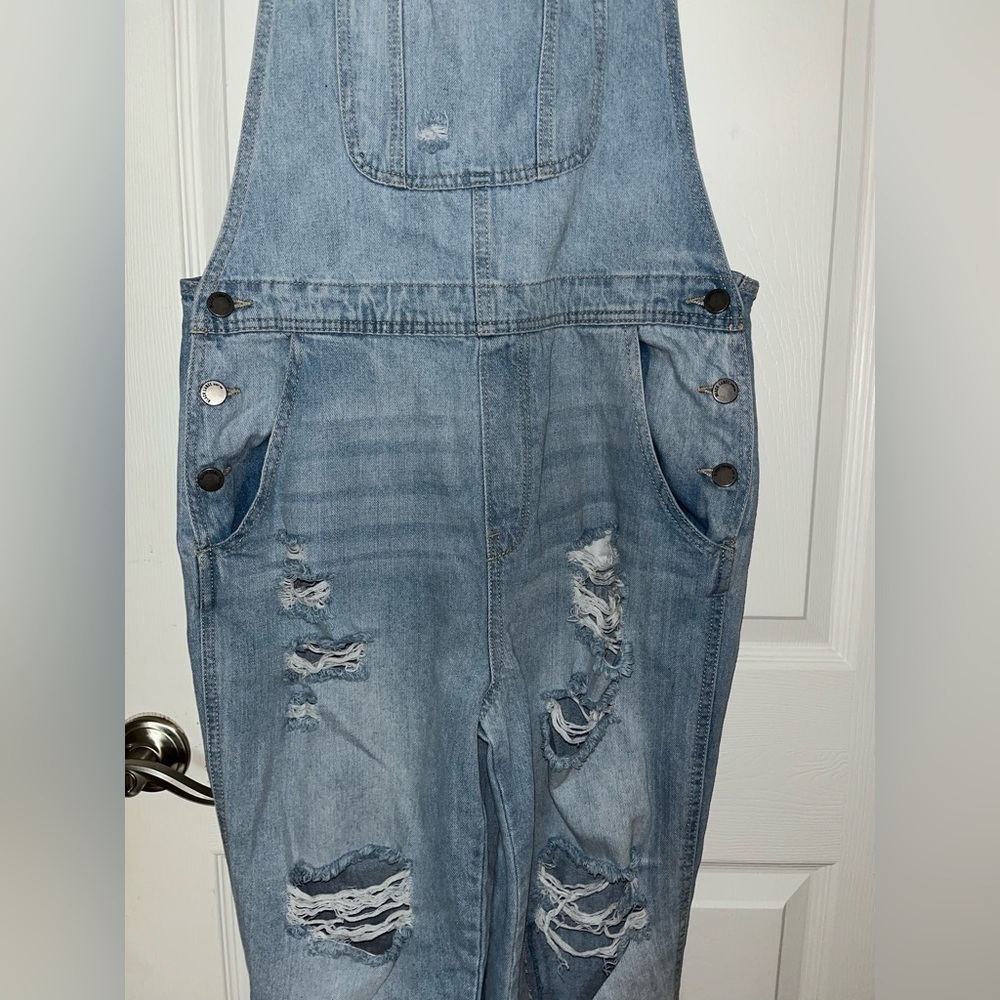 Source Unknown Light Blue Distressed Overalls Mei… - image 3